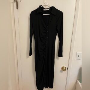 Astr Black Long-Sleeve Button Midi Dress